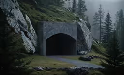a stone tunnel on a foggy and wooded trail