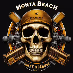 a skull wearing a helmet and holding two guns,a skull wearing a helmet with guns and shotguns