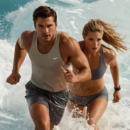 a man and woman running in water near beach