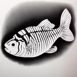 a fish in black and white painted on a light grey wall