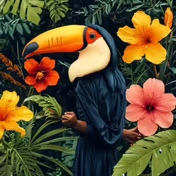 a bird wearing a large beak in a flower garden