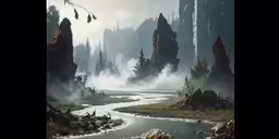 fog is rising over the mountains and valleys as a river sits in the foreground