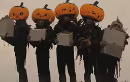 four people dressed up in pumpkin costumes standing next to each other