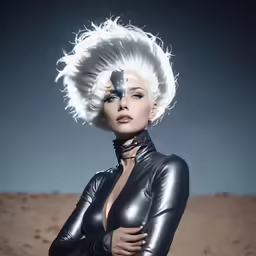 a woman in black latex with long hair