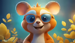 a cartoon animal in sunglasses with blue and gold leaves