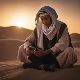 a woman in an old fashioned outfit, sitting on top of a sand dune