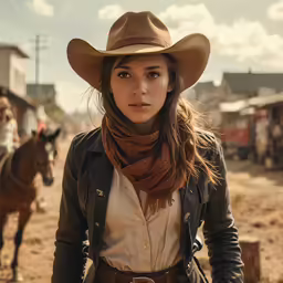 a beautiful young lady wearing a cowboy hat while standing next to a brown horse