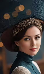 a girl wearing a blue hat with a large circular decoration on it