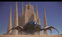 a strange insect sits in front of a castle