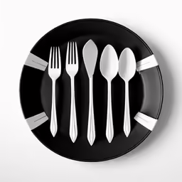 a plate with six spoons and a fork in it