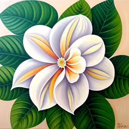 the colorful flower is depicted on the canvas,white and yellow flower on brown background with large green leaves