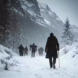 a group of people walking down a snow covered hill