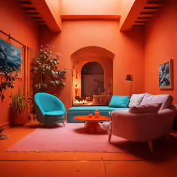 this is an image of a nice living room with orange walls