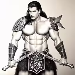 a drawing of a man in armor holding two large sword and a shield