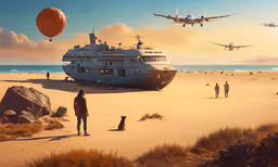 a painting of a cruise ship and a group of people on a beach,people watching an airplane fly over the beach
