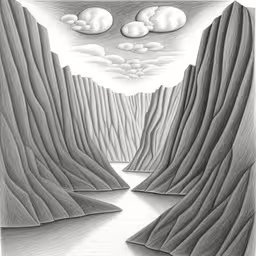 a drawing depicting a river flowing into mountains,some mountains that are made up of rocks and water,an image of surreal mountains and clouds,a landscape with clouds above the cliffs and water running through,an pencil drawing of a mountain landscape