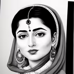 a beautiful young woman in black and white drawing by hand