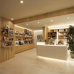 the counter in a salon with wooden shelves and shelving