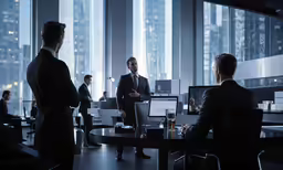 people in an office working on computers and talking