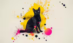 an art work featuring a cat sitting with colored splashes around