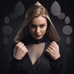 the nun is wearing a black outfit and standing with her hands on her shoulder