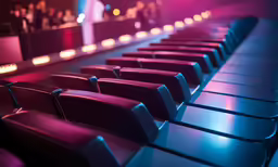 an empty auditorium with red chairs and bright lights