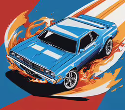 a blue car with flames coming out of it,a blue car with flames on it