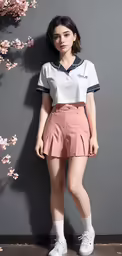 an asian woman posing for the camera wearing a pink pleated skirt and white top