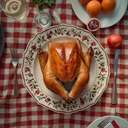 the turkey is lying on a fancy plate