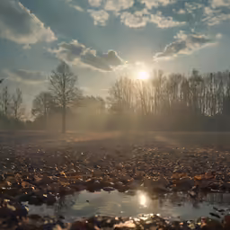 sunlight shining through clouds over a bare field