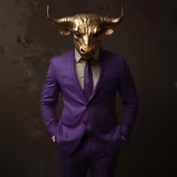 the man is wearing a purple suit with a horned face
