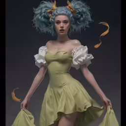 a woman with long blue hair wearing a dress
