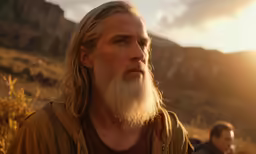 a man with long white hair and beard next to another man in a field