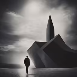 the man is standing in front of an artistic piece