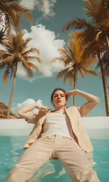 a woman sitting on top of a surfboard under palm trees
