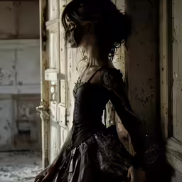 a beautiful woman standing by an old wall with her dress