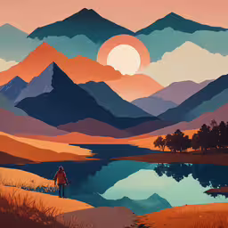 a painting of a man standing in the desert,the man in the hat is standing near the water