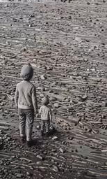 a boy standing next to another boy on a rocky beach