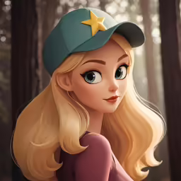 an animated cartoon character, a woman wearing a hat and dress