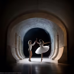 two ballerinas in tutu on a dark floor