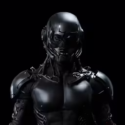 a man with metal gear standing next to a black background
