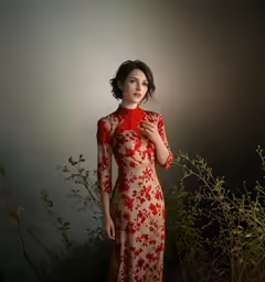 the lady in red is posing for the photo