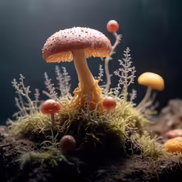 several mushrooms, all with small moss and plants, all on a rock
