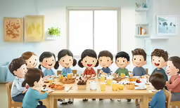 a table with many small children sitting at it
