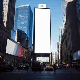 city with tall buildings, cars and pedestrians on sidewalk