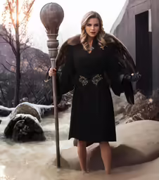 a woman dressed in black holding a street lamp and a black dress