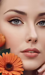a woman with big, brown eyes and a orange flower