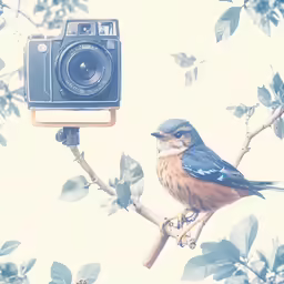 a bird that is sitting on a tree branch with a camera attached to it