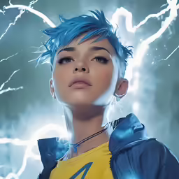 an animation image of a woman with blue hair