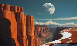 a full moon shines brightly behind a rocky landscape
